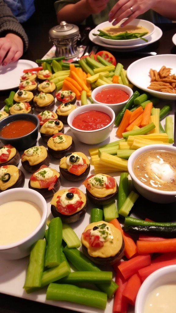 A vibrant appetizer platter with mini pizzas, stuffed mushrooms, dips, and fresh vegetables, set for a casual gathering.
